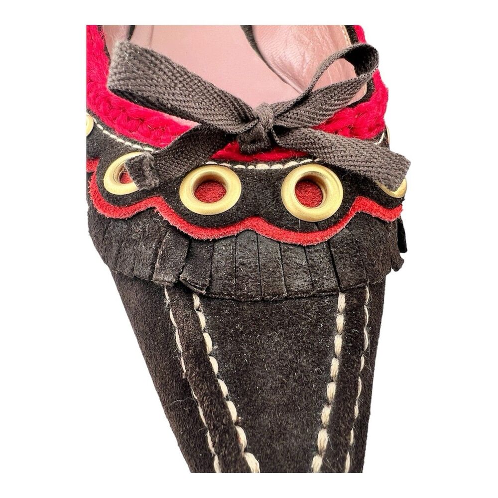 Vtg Suede Flat Miu Miu Brown & Red Braid Trim Low Heel EU: 37.5 US: 7.5